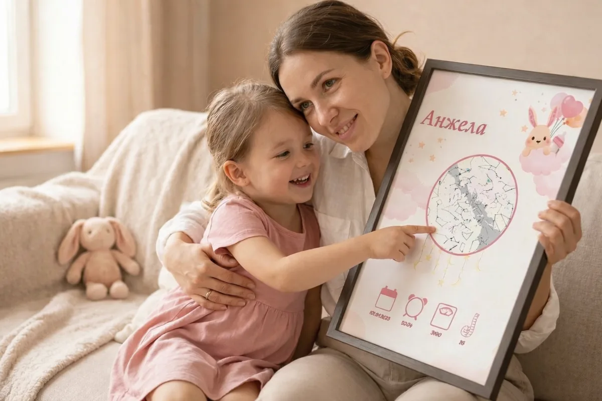 Майка и дъщеря с персонализирана визитка за бебе — дизайн Катеричка и розови облаци с името Анжела