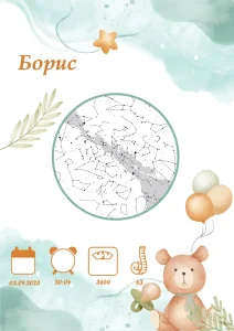 Звездна карта за момченце зелени облаци - бяла